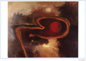 1987-35: Premandala (Geo SEMPELS, Lubbeek 1926 - Vilvoorde 1990)
De lyrisch-abstracte schilderijen zijn het resultaat van 
een zelfstandig zoeken van de schilder, zonder invloeden 
van buitenaf, maar wel - zoals hij zelf zei - de sporen 
weerspiegelend van de muziek waar hij zijn hele leven fel 
mee bezig was. Wat als eerste opvalt, is een rijk kleurenpalet.