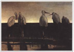 1984-10: Ooievaars
(Louis Dubois, 1830-1880)
Hij propageerde de beginselen van het realisme in de kunst. Als schilder van portretten, landschappen en stillevens gebruikt hij soms onverwachte kleurnuanceringen.