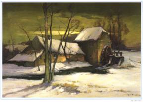 1985-22: Watermolen in de winter (Jac. DOUVEN)
Geboren en gestorven in Neerpelt vond hij vooral inspiratie in het landschap van de Kempen, zoals de heide, de bossen en de vennen. Daarnaast schilderde hij ook stillevens, zoals deze Bloemenkorf. Na een aantal experimenten in een korte abstracte periode rond 1960 keerde hij terug naar zijn impressionistische werken.
Meer informatie over Jac Douven vindt u op: http://www.hemotech.be/belisch/pages/site/artists.html (begonnen als website over Jac Douven, maar nu over alle Limburgse kunstenaars).
